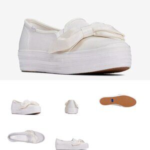 Keds Triple Decker Slip-On Sneaker - White Bridal Shoes with Bow (Women's 9.5)
